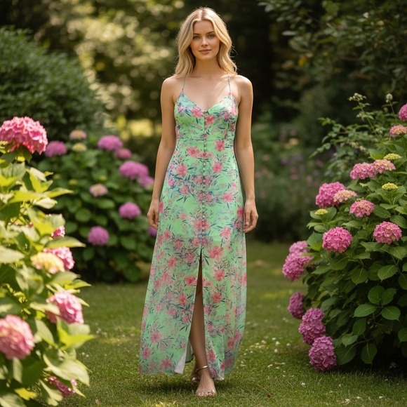 Love Sadie Dresses & Skirts - Sexy Green Medium Floral Spaghetti Strap Maxi Dress Chiffon boho Prairie Y2K